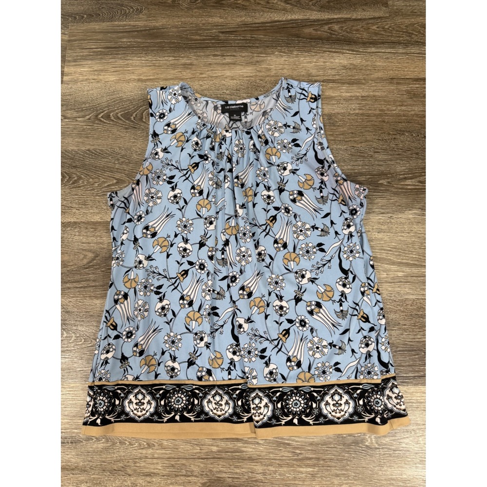 Liz Claiborne Career Blouse Womens XL Blue Floral Sleeveless Pleated Neck Top